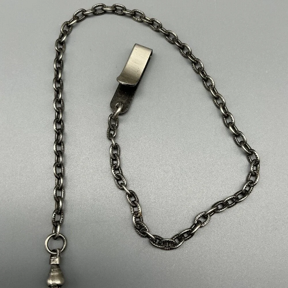 Vtg Wrangler Pocket Watch Men 45mm Silver Tone Leather Logo Chain New Battery